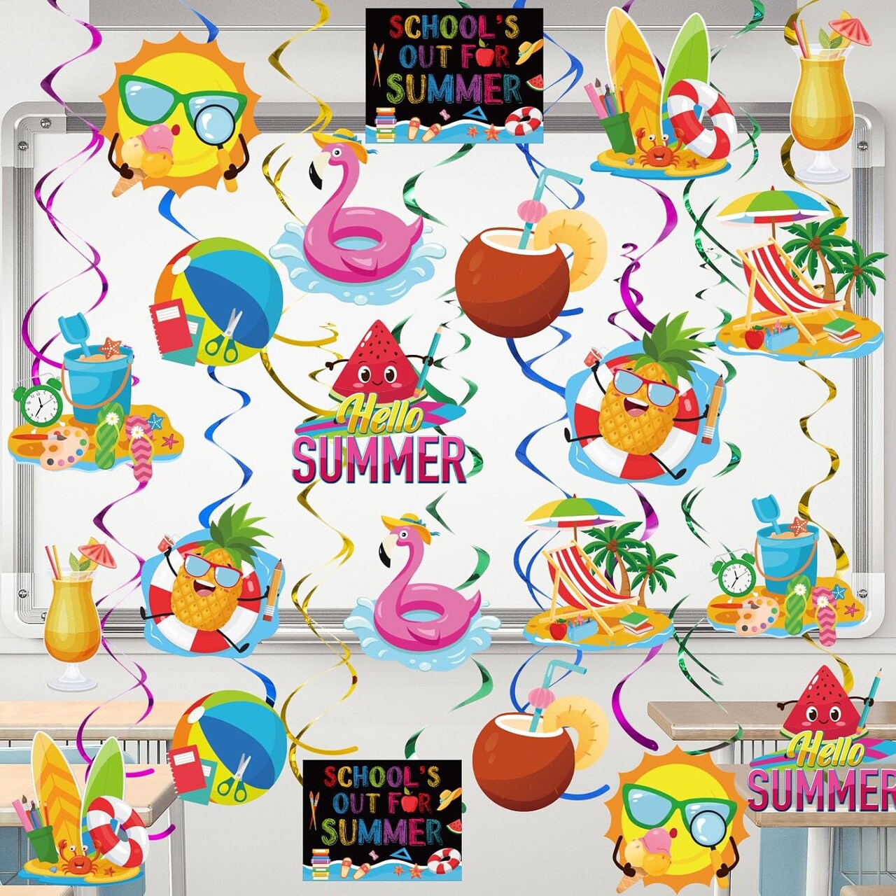 52-Pack “School’s Out for Summer” Hanging Swirl Decorations – Hello Summer Double-Sided Ceiling Streamers, Last Day of School End-of-Year Classroom & Graduation Party Supplies for Beach & Pool Parties